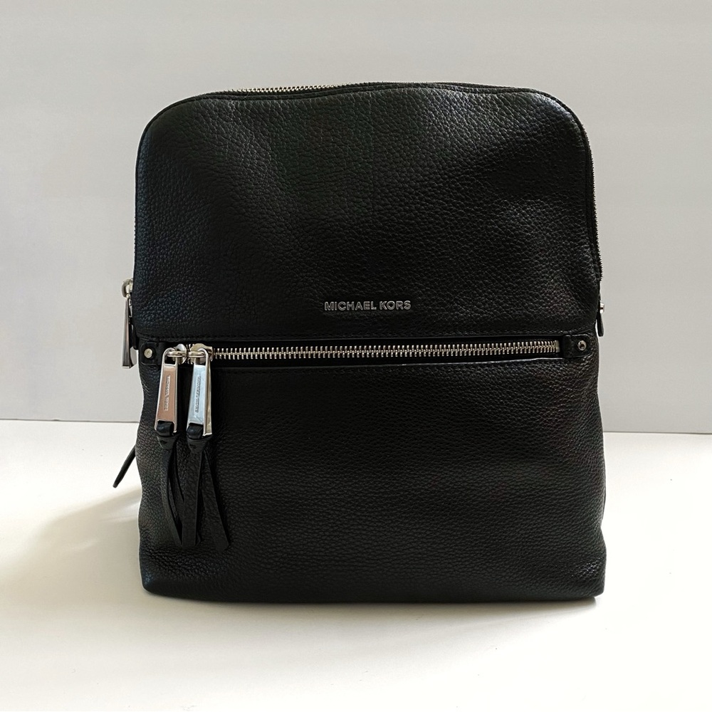 SILVER HARDWARE MICHAEL KORS BLACK RHEA SLIM PEBBLED LEATHER BACKPACK PURSE - Picture 2 of 9